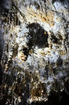 Inside of beautiful old dark cave with many stalactites. Grotte di Is Zudda.. Stock-Fotos