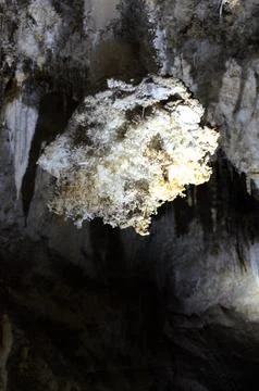 Inside of beautiful old dark cave with many stalactites. Grotte di Is Zudda.. Stock-Fotos