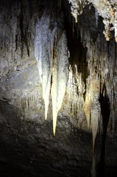 Inside of beautiful old dark cave with many stalactites. Grotte di Is Zudda.. Stock Photos
