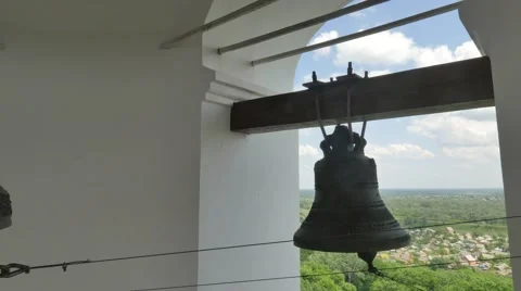 Inside the Bell Tower of the Holy Cross Monastery Poltava City Bells Close up Stock Footage 64105751