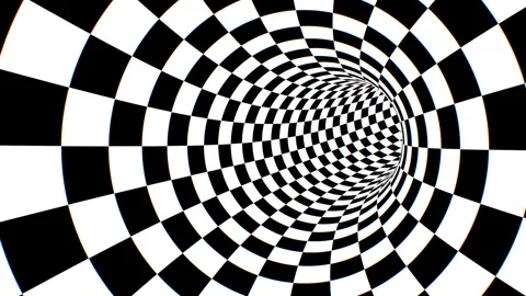 Inside Black And White Circular Checkerboard Optical Illusion Tunnel Stock Footage 255807470