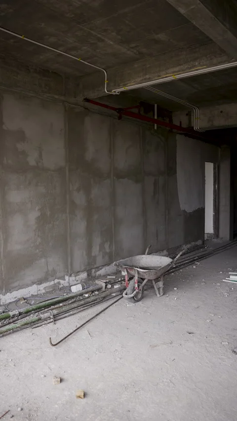 Inside the building under construction. Concrete walls and building tools Stock Footage 270360483