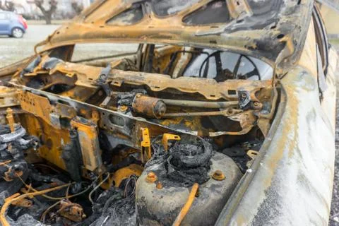 Inside of a burnt out car Stock Photos