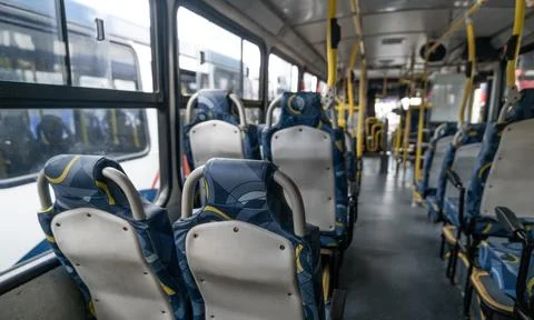 Inside the bus sitting at the back of public transport Foto stock