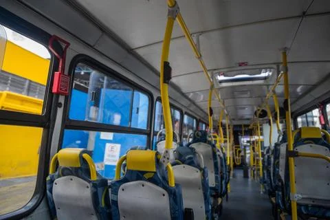 Inside the bus sitting at the back of public transport Stock Photos