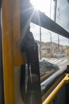 Inside the bus sitting at the back of public transport - Foto stock
