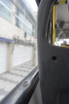 Inside the bus sitting at the back of public transport - Foto stock