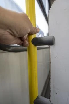 Inside the bus sitting at the back of public transport - Foto stock
