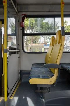 Inside the bus sitting at the back of public transport - Foto stock