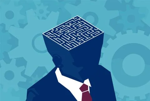 Inside businessman brain maze. Vector of an open head with labyrinth. Stock Illustration