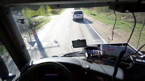 Inside of Cabin View of the Professional Truck Driver Video stock 79575414