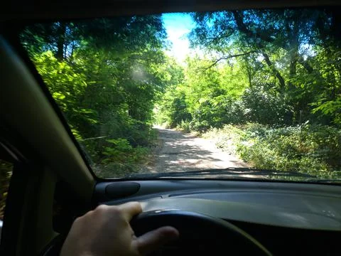 Inside the car. driver behind the wheel. drive a car. journey. bad roads. by  Stock Photos