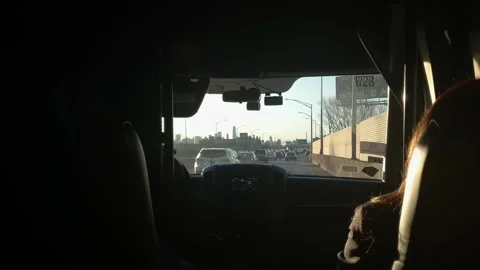 Inside car driving towards New York City, POV from back seat Видео 280733045