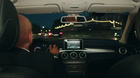 Inside Car View, Business Man drive Executive Vehicle Transport on Night Road in Video stock 221571038