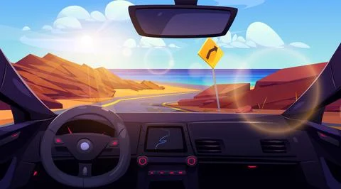 Inside car view on desert sea shore road landscape Stock Illustration