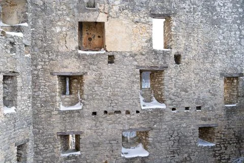 Inside castle fortification in white winter landscape Stock Photos