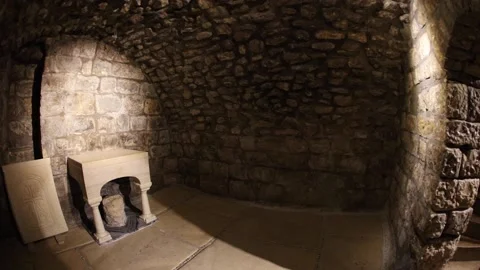 Inside a cave in the Old City of Jerusalem where Jesus Christ lived. Stock Footage 147750376