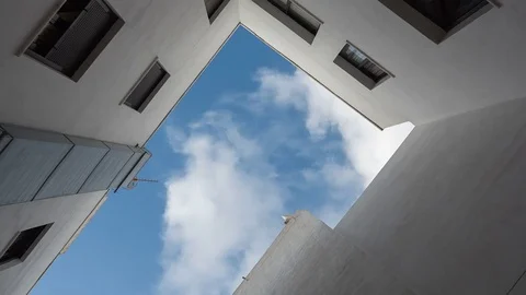 Inside close yard. Look at up. Bottom view. Fast clouds. Timelapse Stock Footage 71778587