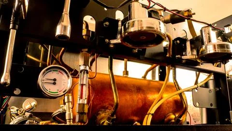 Inside coffee machine of espresso machine. Repairing of broken coffee machine Stock-Fotos