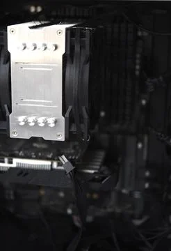 Inside the computer case. Processor radiator and RAM. 스톡 사진