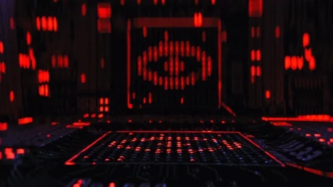 Inside the computer - circuit board with glowing eye. Science fiction theme. Stock Footage 74896770
