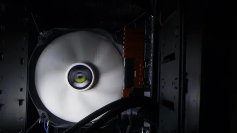 Inside the computer. Cpu fan, circuit board, microprocessors. Close up Video stock 106630970