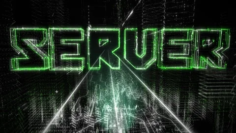 Inside a computer machine. Dark world. The word Server in big 3D letters. Code Vídeos de archivo 243399128