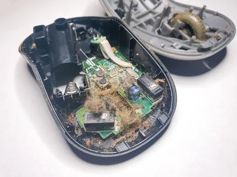 Inside of a computer mouse showing dust buildup and hardware details Stock Photos
