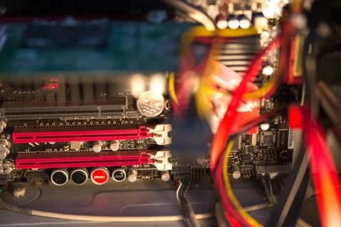 Inside of computer power supply, Red button start Stock Photos