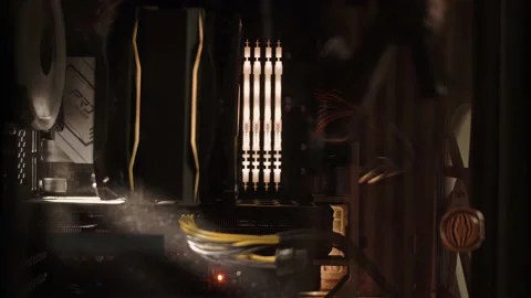 Inside a computer system box with neon LED lighting, a powerful processor Stock Footage 223101538