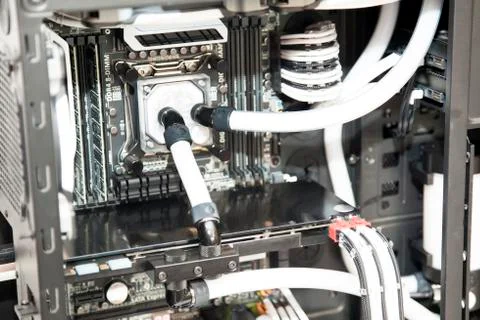 Inside computer water cooling  system in white closeup Stock Photos