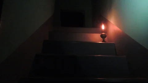 Inside creepy abandoned old haunted building mansion vintage stairway lamp burn Stock Footage