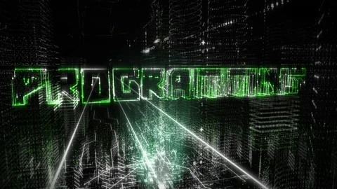 Inside a dark virtual world. The word programming in big 3D letters in center Stock Footage 202274679