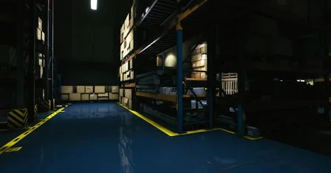 Inside a dark warehouse showing stacked pallets in dim lighting Stock Illustration
