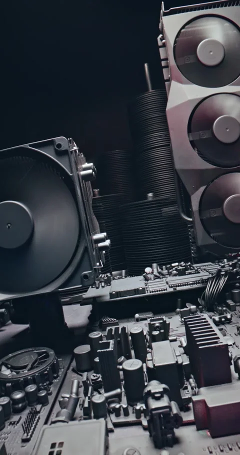 Inside data center room. Working motherboards graphics cards and fans. Stock Footage 346637856