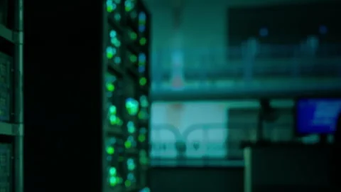 Inside a data center with servers and blinking lights at night Stock Footage 342037730