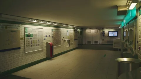 Inside deserted Metro station during coronavirus quarantine 4K Stock Footage 128385060