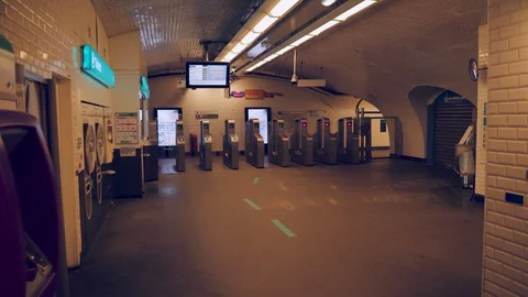 Inside deserted Metro / subway during coronavirus quarantine 4K Video stock 128385601