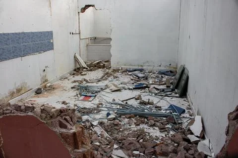 Inside of destroyed home after war, earthquake, hurricane, natural disaster Stock Photos