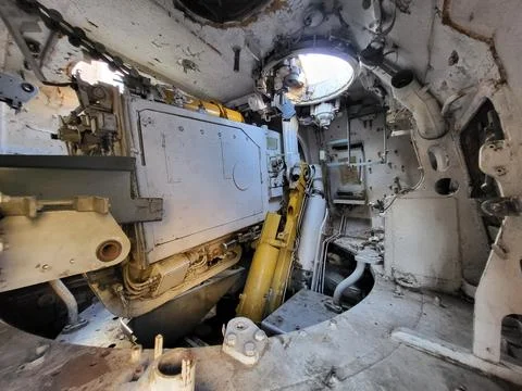 Inside destroyed russian Self-propelled artillery. Stock Photos