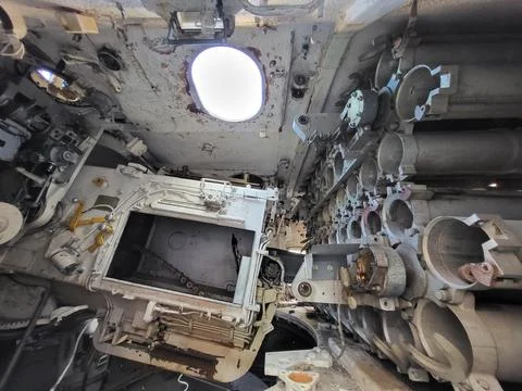 Inside destroyed russian Self-propelled artillery. Stock Photos