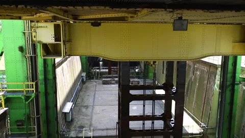 Inside detail view of big metal Rothensee Magdeburg river ship lift mechanism Stock Footage 202102181