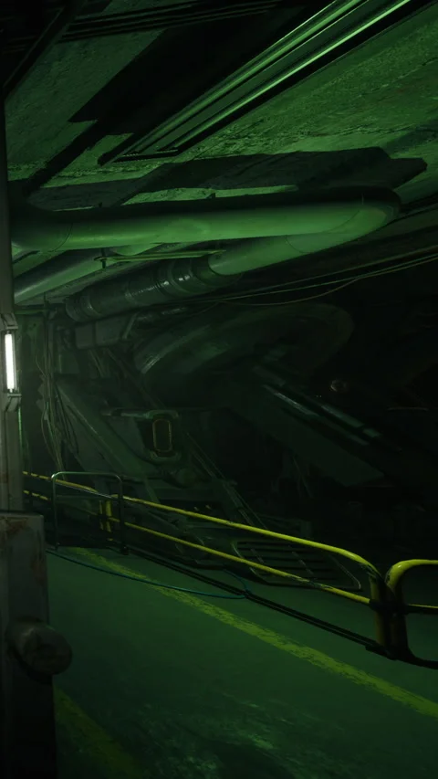 Inside a dimly lit industrial space with pipes and structure elements Stock Footage 339952399