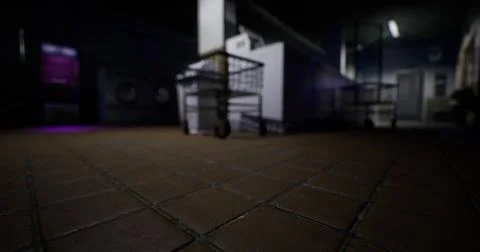 Inside a dimly lit kitchen with tiled floor and steel equipment at night Stock Illustration