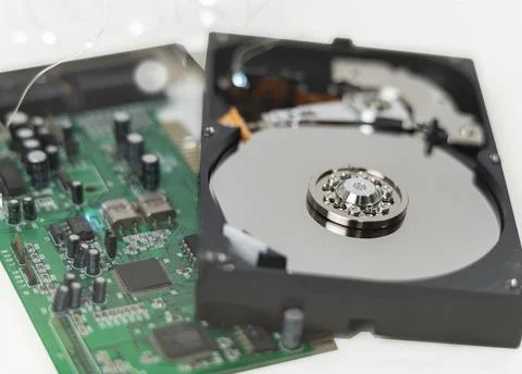 Inside dise in hard drive on the technician's desk. Foto stock