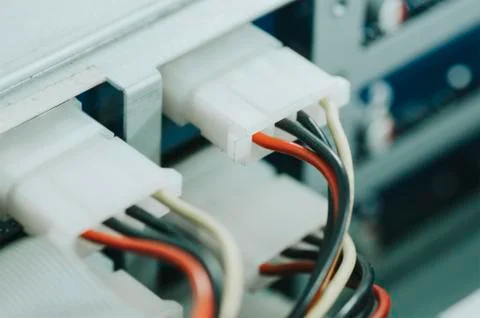 Inside electronic device, power supply cable attach to the external hard driv Stock-Fotos