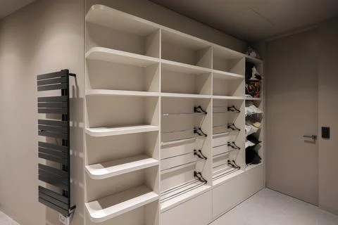 Inside empty dressing room interior with shelves 스톡 사진