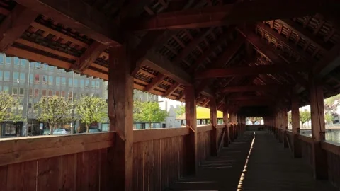 Inside empty Luzern bridge, panoramic - Coronavirus time Stock Footage 131950486