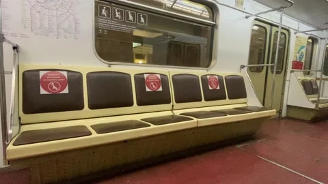 Inside empty subway car, Coronavirus Covid19 Pandemic Russia Moscow Video stock 131058294