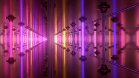 Inside Endless Tunnel Illuminated By Shiny Glowing Neon Laser Pillars Stock Footage 255807688